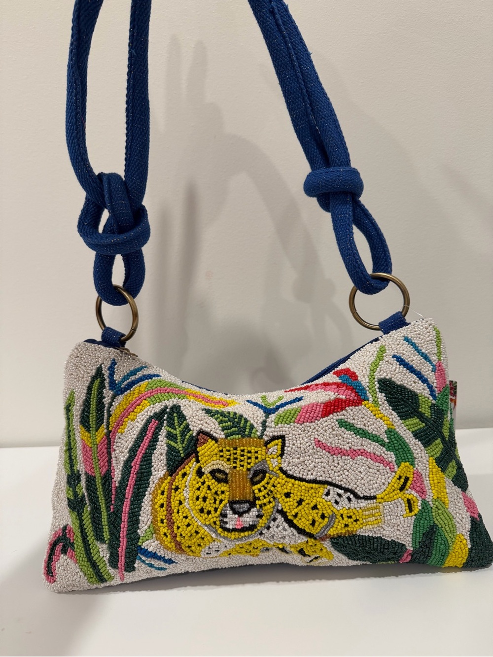 Hand-Beaded Leopard Motif Shoulder Bag in Blue